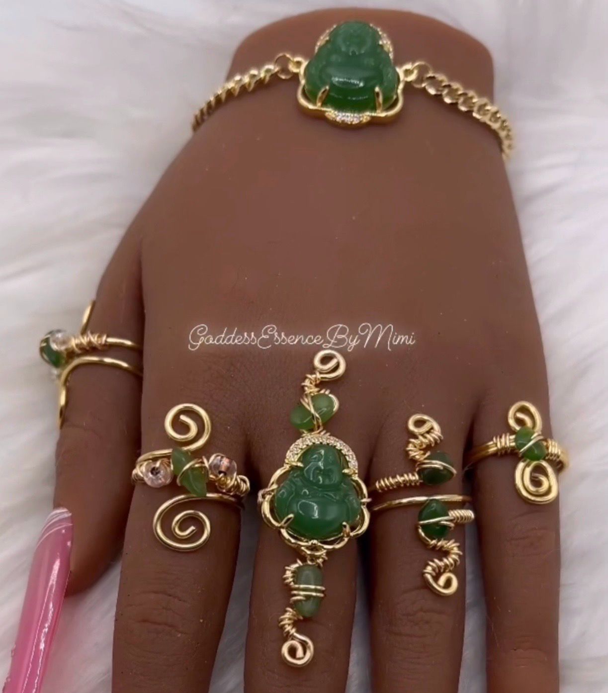Buddha Goddess Art 5 ring freestyle Jade Crystal Ring & Bracelet Set