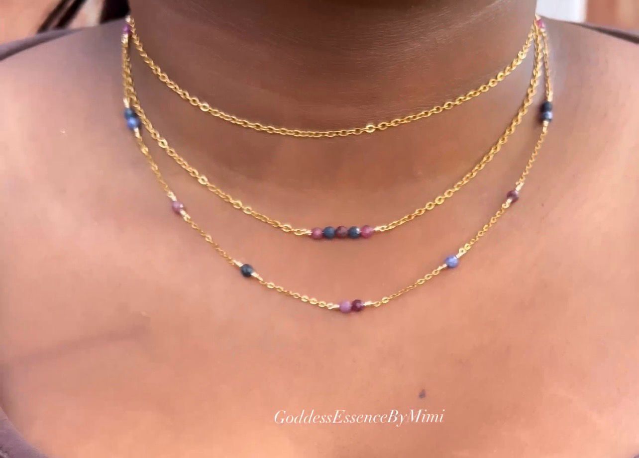 Waterproof Hypoallergenic Natural Ruby Sapphire 3 Layer Adjustable Necklace