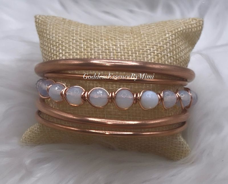 Raw Copper Crystal wire wrapped Bangle Set