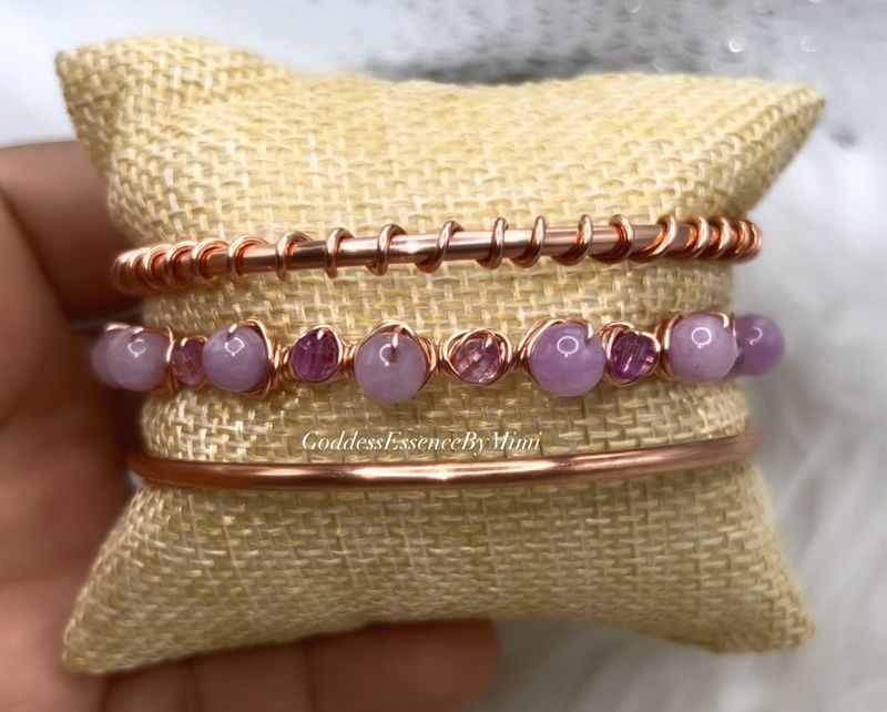 Raw Copper Purple Jade Crystal wire wrapped Bangle Set