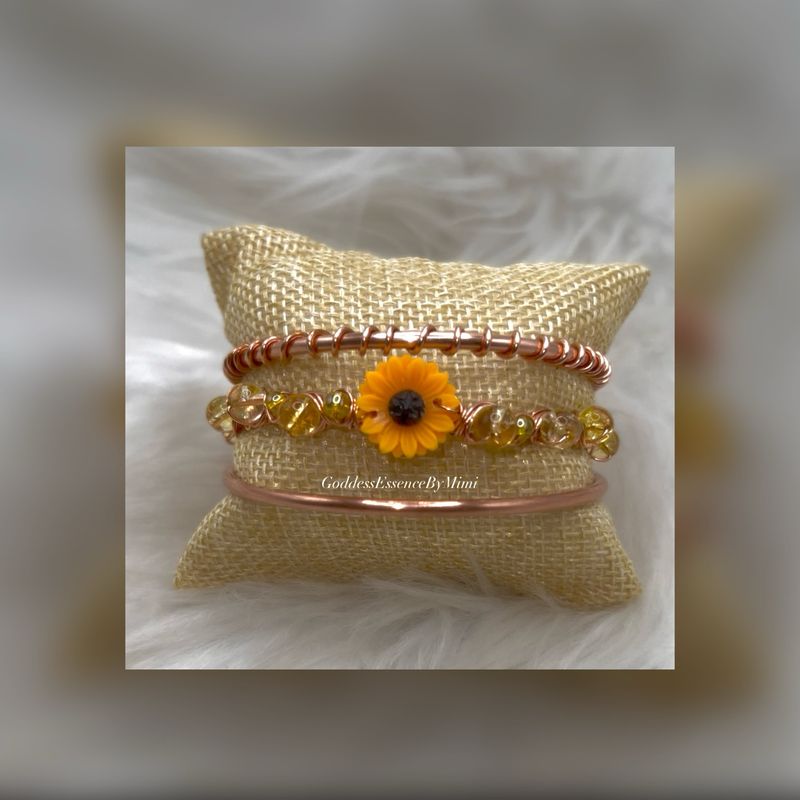 Raw Copper Sunflower Citrine Crystal wire wrapped Bangle Set
