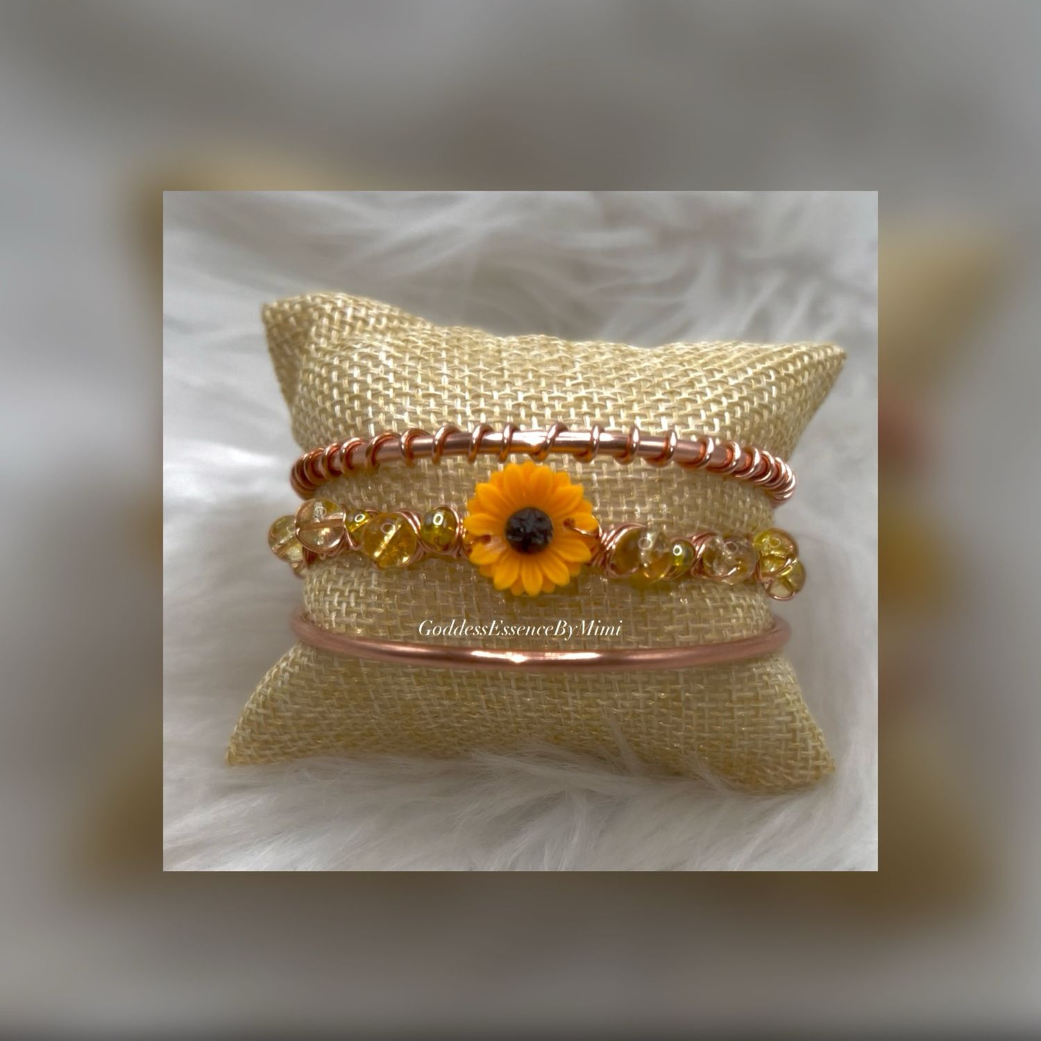 Raw Copper Sunflower Citrine Crystal wire wrapped Bangle Set