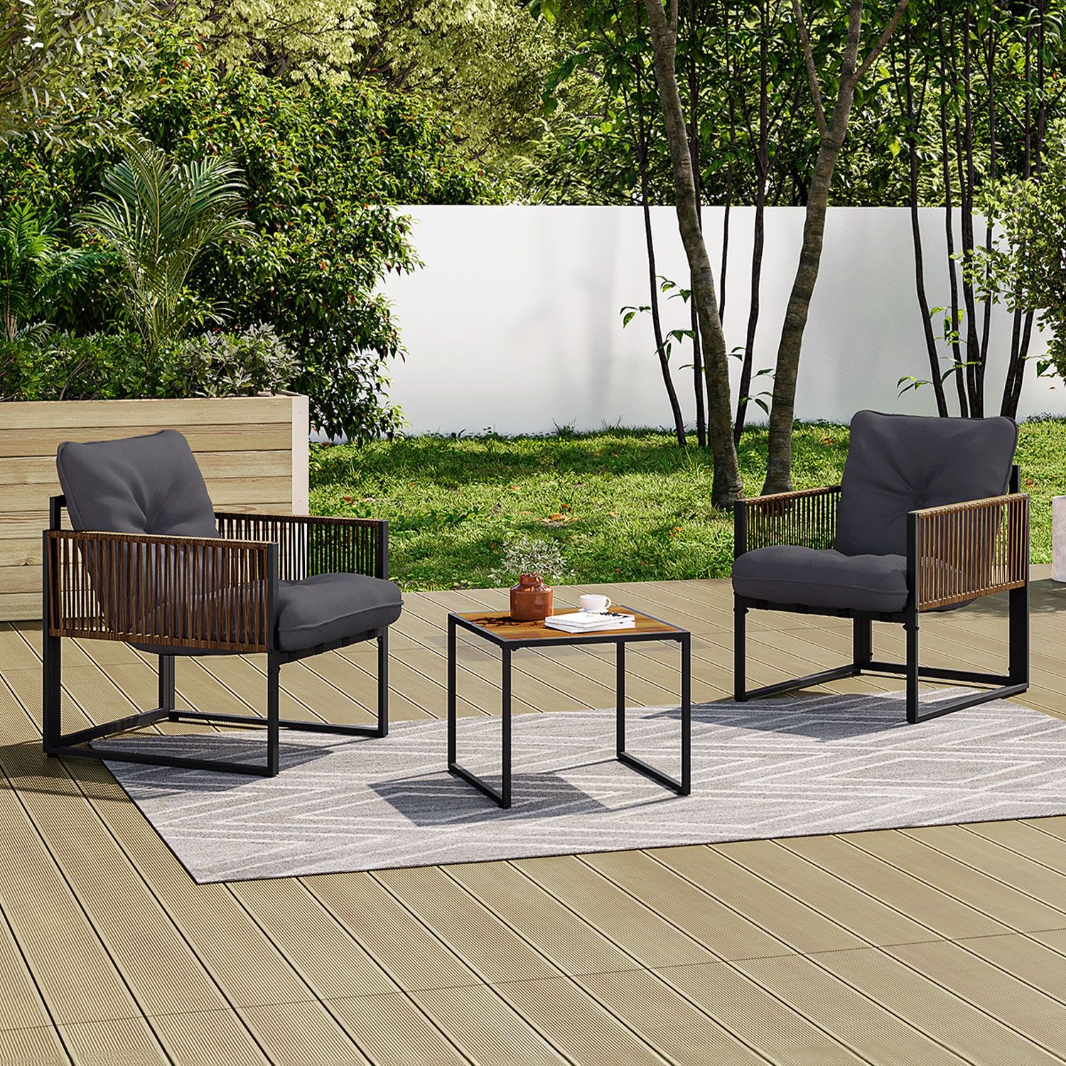 Salon de jardin 2 places Ozéa - Métal - Gris anthracite et rotin