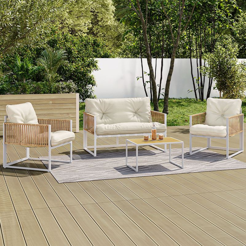 Salon de jardin Ozéa 4 places en métal - blanc et beige.