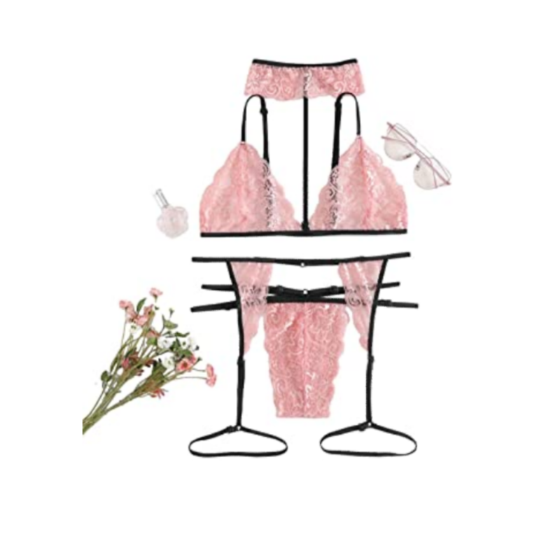 DIDK Women&#39;s Floral Lace Scalloped Trim Sexy Garter Lingerie Set with Choker