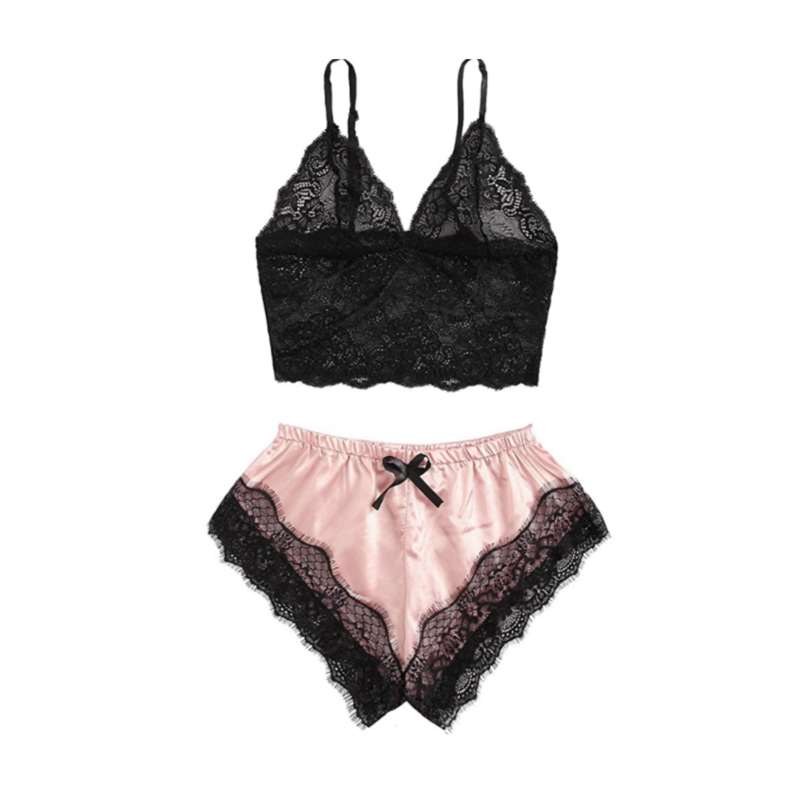 SweatyRocks Women&#39;s Lace Cami Top with Shorts with Panties 2 Piece Set Sexy Lingerie Pajama Set