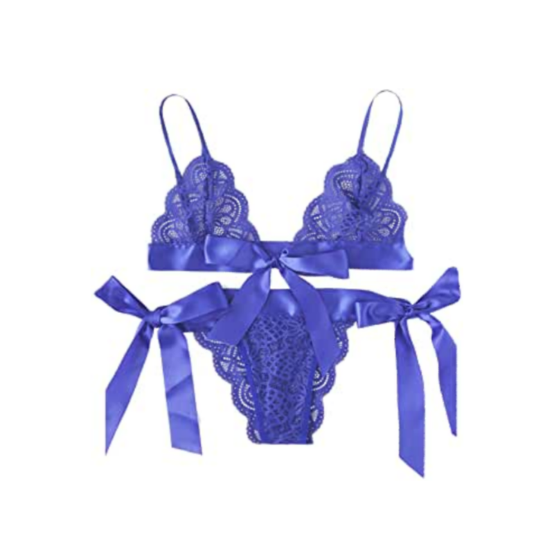 SweatyRocks Women&#39;s Sexy Floral Lace Scalloped Trim Self Tie Panty Mesh Lingerie Set