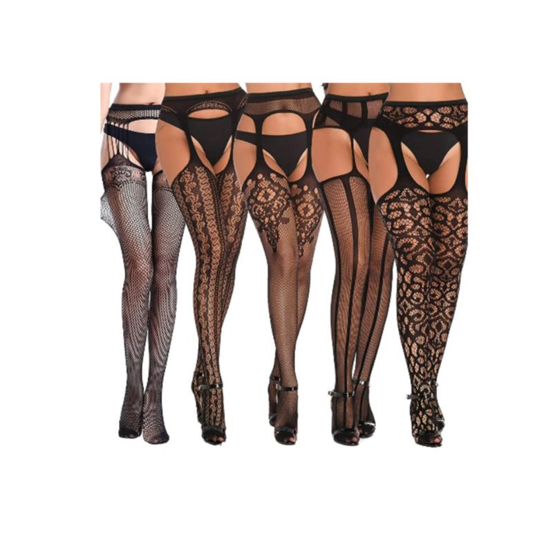 Women&#39;s Garter Belts And Stocking Sets Fishnet Thigh High Lingerie Sexy High Waisted Black 5 Pairs