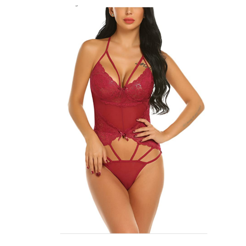 Women&#39;s Sexy Lace Babydoll Bodysuit Deep V Bralette Teddy Adjustable Straps Backless Linger