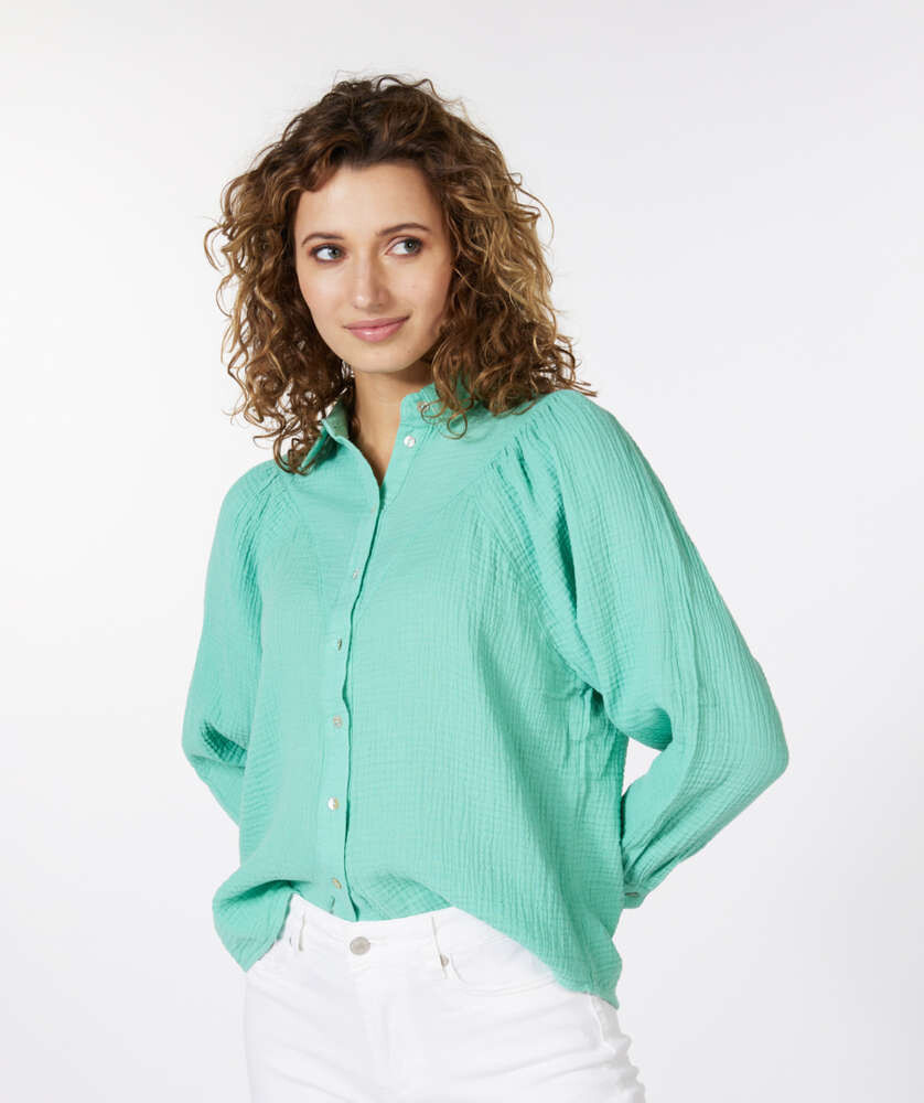 Shirred shoulder cotton gauze blouse