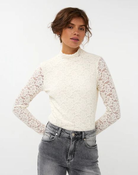 Stretch Lace Mock Neck (Cream)