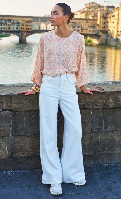 Wide Leg White Jeans with Brown stitching