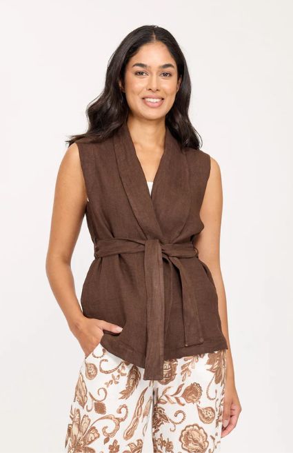 Shawl Collar Linen Vest with Belt