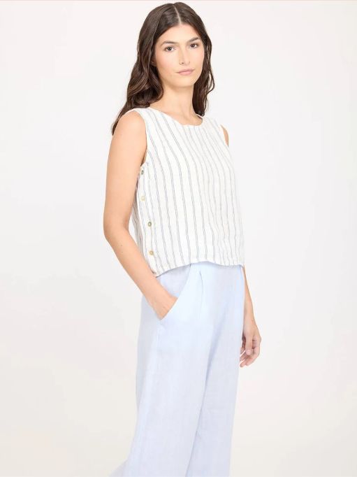 Pinstriped Sleeveless Linen top with Button sides (military green with white stripes)
