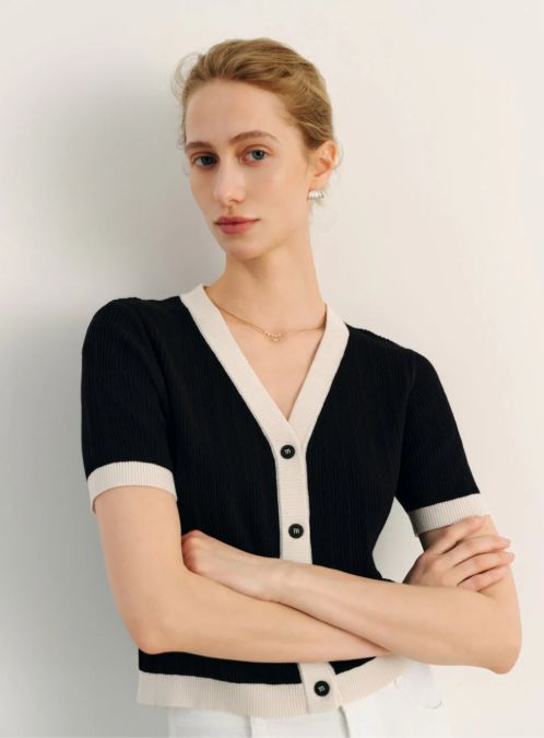 Gaby Short Sleeve Contrast Trim Cardigan