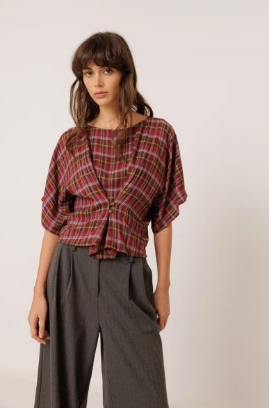 Multicoloured Adjustable Waist Plaid Blouse