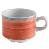 Tea Cup Stack. Calypso Coral Rim 8.5 oz.
