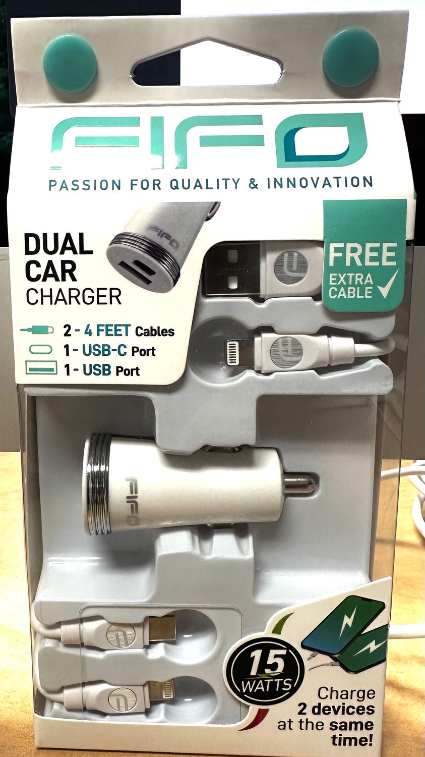 60018 DUAL USB CAR CHARGER TYPE C &amp; USB 2 CABLES FOR IPHONE