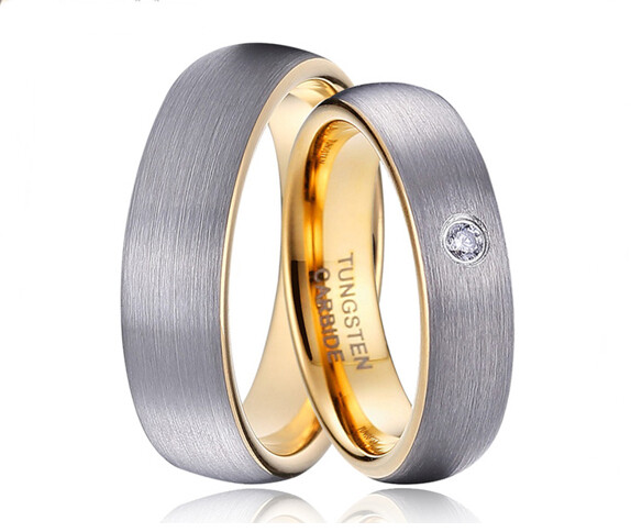 Pack 2 alianzas de boda en Tungsteno cepillado con baño parcial de oro 18k