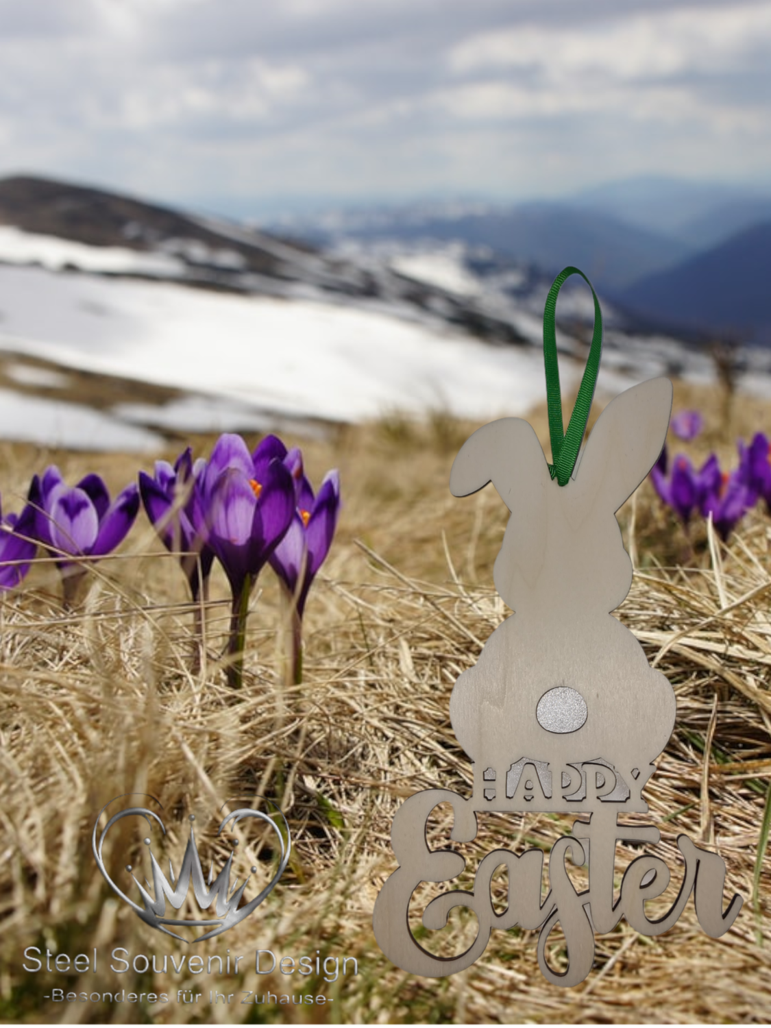 Oster-Dekoration zum Aufhängen: Osterhase mit "Happy Easter" Spruch