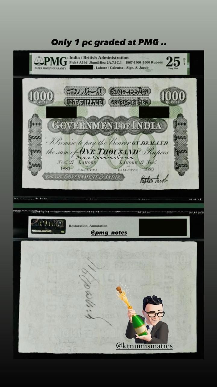 India / British Administration Pick# A19d Jhun&amp;Rez 2A.7.1C.1 1867-1900 1000 Rupees - Lahore / Calcutta - Sign. S. Jacob - 25 NET Very Fine
