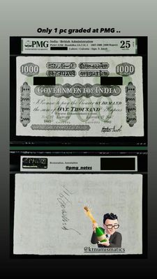 India / British Administration Pick# A19d Jhun&amp;Rez 2A.7.1C.1 1867-1900 1000 Rupees - Lahore / Calcutta - Sign. S. Jacob - 25 NET Very Fine