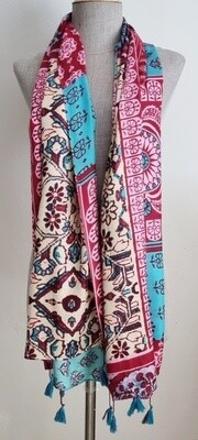 Viscose tile scarf - pink turquoise