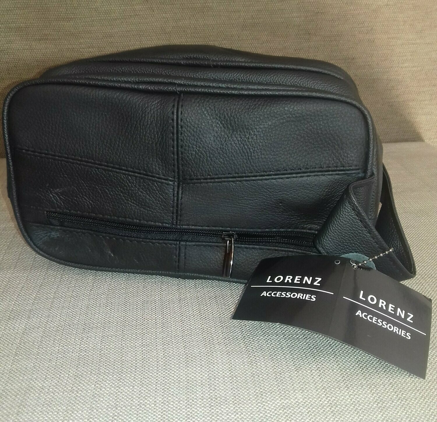 Mens Cow Hide Double Top Zip Wash Bag in Black