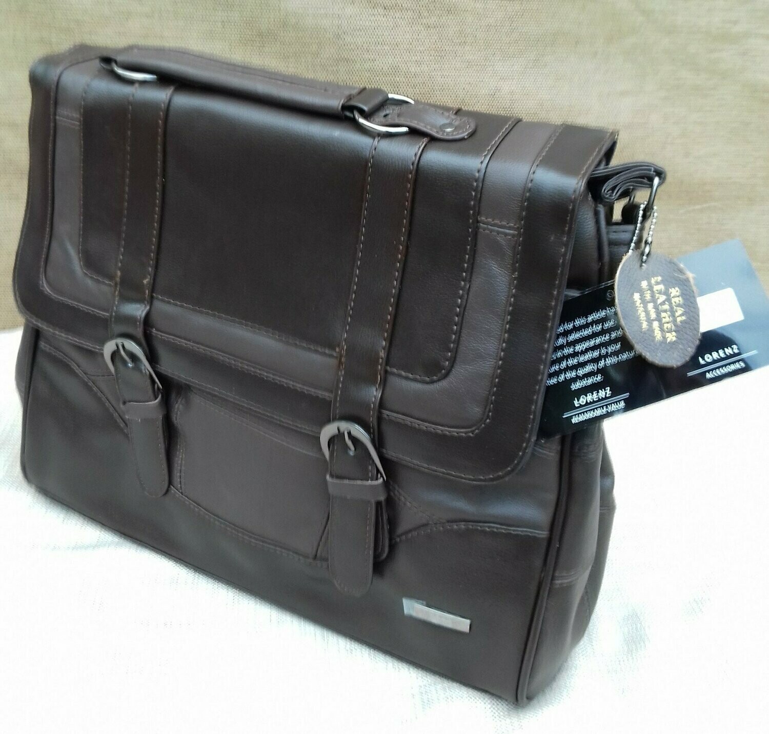 LORENZ COWHIDE REAL LEATHER SATCHEL MESSENGER LAPTOP SHOULDER HANDBAG IN BLACK