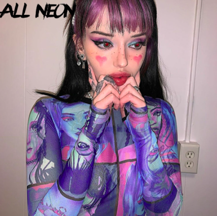 aesthetic cartoon face mesh long sleeve top