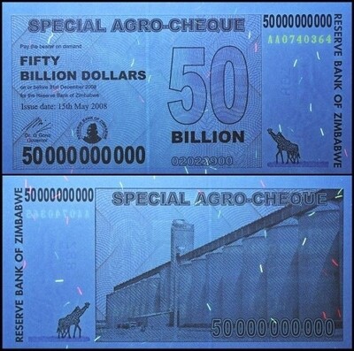 Zimbabwe 50 Billion Dollars Special Agro Cheque, 2008, P-63, Used