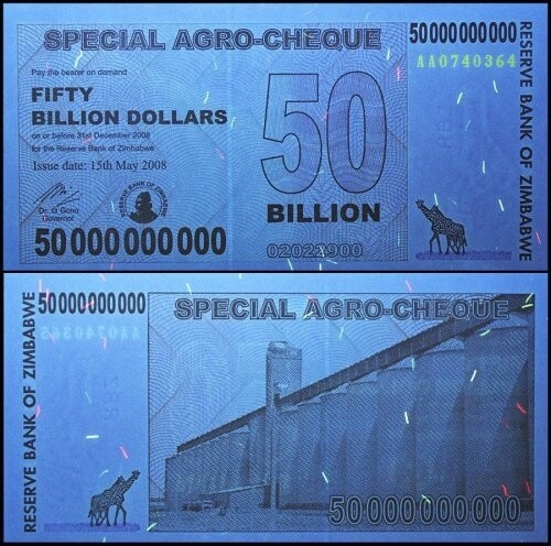 Zimbabwe 50 Billion Dollars Special Agro Cheque, 2008, P-63, Used