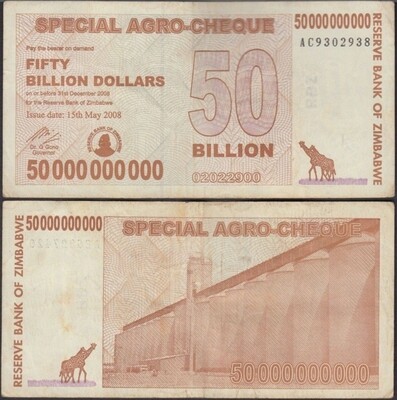 Zimbabwe 50 Billion Dollars Special Agro Cheque, 2008, P-63, Used