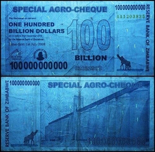 Zimbabwe 100 Billion Dollars Special Agro Cheque, 2008, P-64, Used