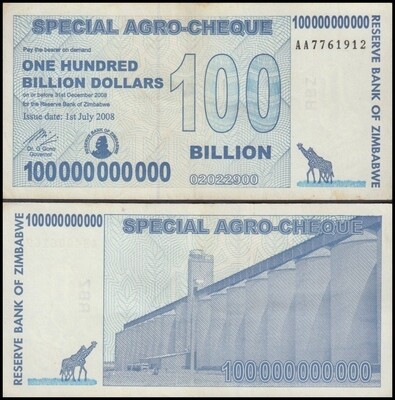 Zimbabwe 100 Billion Dollars Special Agro Cheque, 2008, P-64, Used