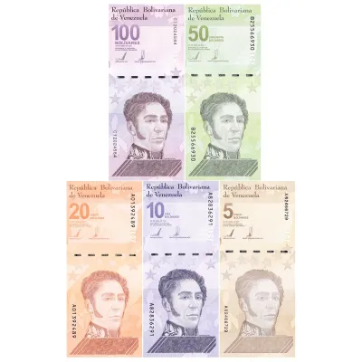 Venezuela 5-100 Bolivar Digital (Digitales) 5 Pieces Banknote Set, 2021, P-115-119, UNC - 5-100 Million Soberano