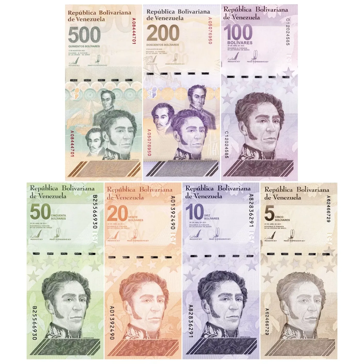 Venezuela 5-500 Bolivar Digital (Digitales) 7 Pieces Banknote Set, 2021-2023, UNC - 5-500 Million Soberano