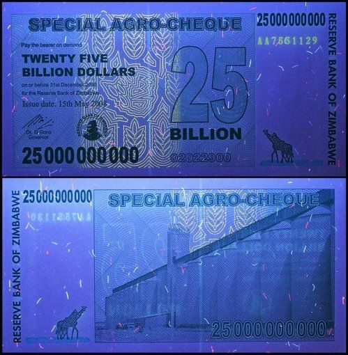 Zimbabwe 25 Billion Dollars Special Agro Cheque, 2008, P-62, Used