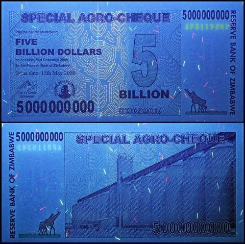 Zimbabwe 5 Billion Dollars Special Agro Cheque, 2008, P-61, Used