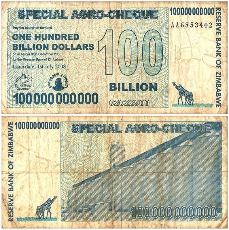 Zimbabwe 5 - 100 Billion Dollars Special Agro Cheque 4 Pieces Set, 2008, P-61-64, Used