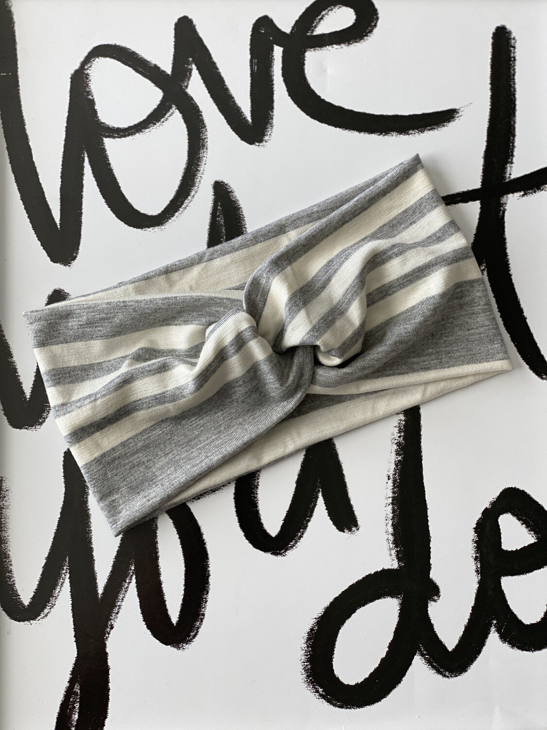 Heather grey and white stripe twist headband