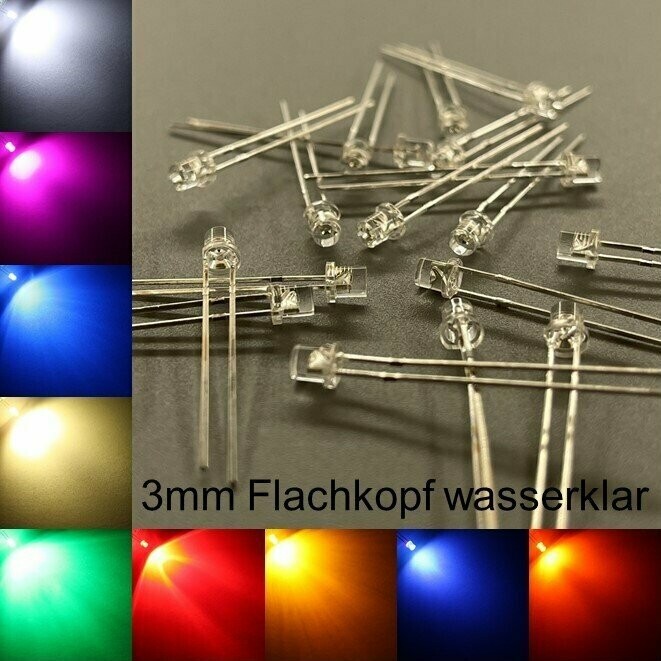 10 Stück 3mm LEDs Flachkopf wasserklar mit oder ohne Widerstände 10 Stück 3mm LEDs Flachkopf wasserklar mit oder ohne Widerstände