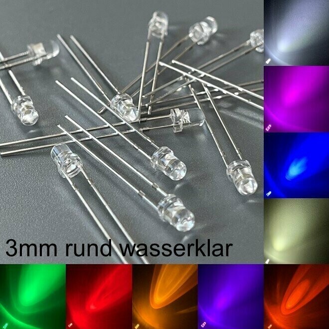 50 Stück 3mm LEDs rund wasserklar mit oder ohne Widerstände 50 Stück 3mm LEDs rund wasserklar mit oder ohne Widerstände
