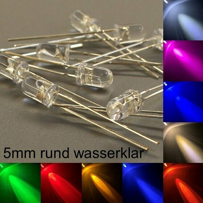 10 Stück 5mm LEDs rund wasserklar mit oder ohne Widerstände