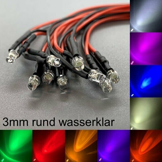 10x verkabelte 3mm LEDs rund wasserklar 10x verkabelte 3mm LEDs rund wasserklar