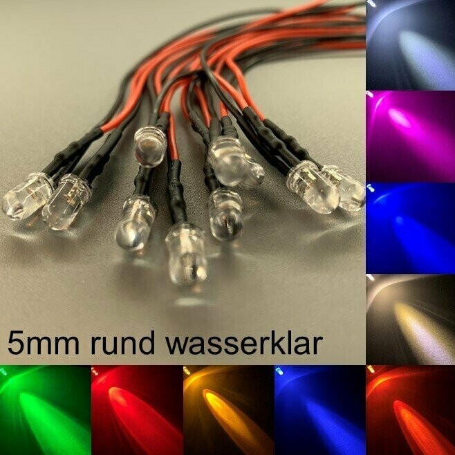 10x verkabelte 5mm LEDs rund wasserklar 10x verkabelte 5mm LEDs rund wasserklar