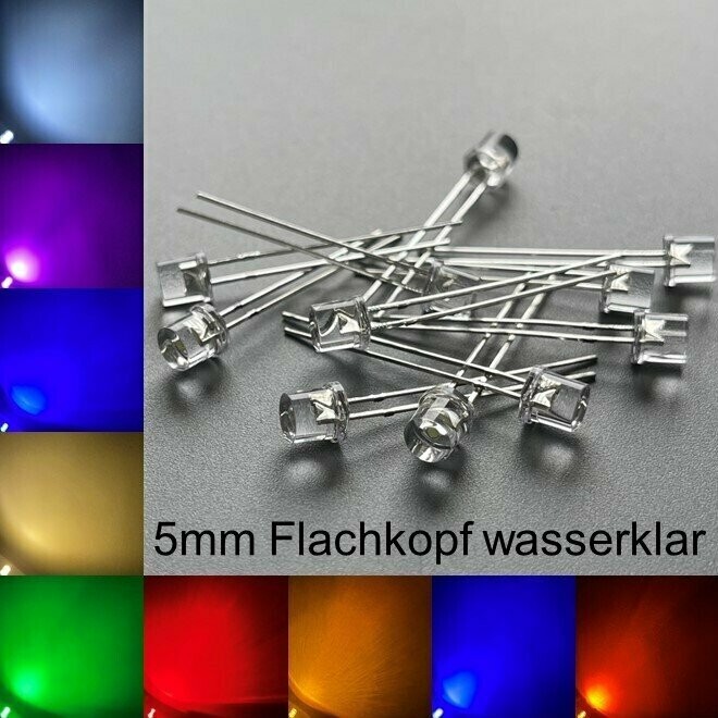 100 Stück 5mm LEDs Flachkopf wasserklar mit oder ohne Widerstände