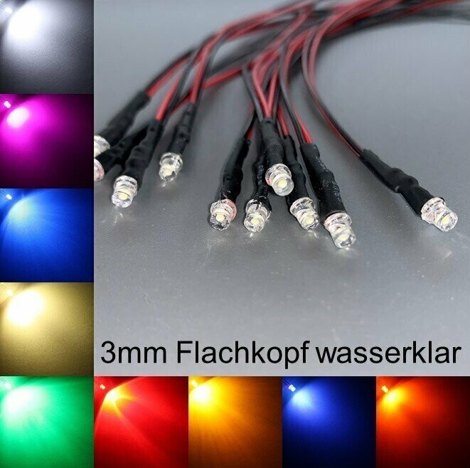 10x verkabelte 3mm LEDs Flachkopf wasserklar 10x verkabelte 3mm LEDs Flachkopf wasserklar