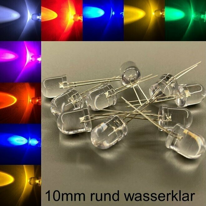 50 Stück 10mm LEDs rund wasserklar mit oder ohne Widerstände