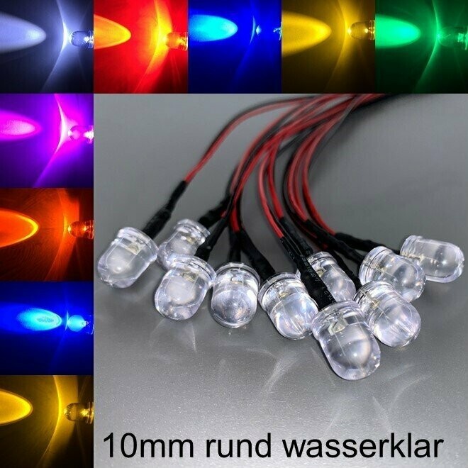 10x verkabelte 10mm LEDs rund wasserklar 10x verkabelte 10mm LEDs rund wasserklar